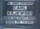 Martha KAJEWSKI, mother, died 19 April 1968 aged 84 years; Carl KAJEWSKI, husband father, died 22 Sept 1952 aged 70 years; Greenwood St Pauls Lutheran cemetery, Rosalie Shire 