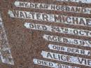 Walter Michael VIETHEER, husband father, died 24 Oct 1960 aged 59 years; Alice VIETHEER, mother, died 9 Sept 1987 aged 81 years 7 months; Greenwood St Pauls Lutheran cemetery, Rosalie Shire 