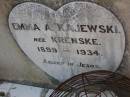 
Emma A. KAJEWSKI (nee KRENSKE),
1899 - 1934,
wife mother;
Greenwood St Pauls Lutheran cemetery, Rosalie Shire
