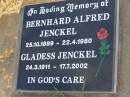Bernhard Alfred JENCKEL, 25-10-1899 - 22-4-1980; Gladess JENCKEL, 24-3-1911 - 17-7-2002; Greenwood St Pauls Lutheran cemetery, Rosalie Shire 