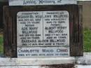 
grandmother
Susanah MILLWOOD
25 Apr 1922
aged 79

grandfather
John MILLWOOD
10 Aug 1917
aged 75

mother
Ada Mary MILLWOOD
12 Feb 1944
aged 68

father
Albert Henry MILLWOOD
6 Aug 1934
aged 66

Barbara Alison MILLWOOD
1 Aug 1941
aged 3

Charlotte Maud CRAIG
6 Nov 1975
aged 77

St Matthews (Anglican) Grovely, Brisbane

