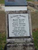 
Mary Ellen
wife of
Thomas HUGHES
1 Oct 1928
aged 69

Thomas Hughes
19 Mar 1941
aged 84 

St Matthews (Anglican) Grovely, Brisbane

