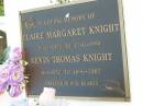 
Claire Margaret KNIGHT
26-12-1935 to 12-11-1988

Kevin Thomas KNIGHT
11-1-1932 to 18-6-2002

St Matthews (Anglican) Grovely, Brisbane
