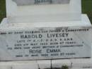 
son and brother
Walter Harold LIVESEY
13 Dec 1935
aged 16 yrs

neice
Maureen Diane POWTER
27 Mar 1953
aged 6 mths

husband
Harold LIVESEY
2 May 1956
aged 67

wifemother
Rose Emma
1 Mar 1986
aged 87 yrs

St Matthews (Anglican) Grovely, Brisbane
