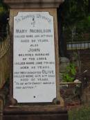 
Mary Nicholson
14 Jan 1920
86 yrs

husband
John
7 Jun 1924
95 yrs

daughter Olive
11 Oct 1942
65 yrs

St Matthews (Anglican) Grovely, Brisbane
