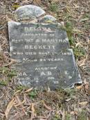 
Bertha
daughter of
Wm and Martha BECKETT
7 Nov 1891
aged 23

Martha BECKETT
5 Jan 1893
aged 58

St Matthews (Anglican) Grovely, Brisbane
