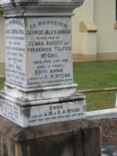 Alexander HALL
of Glenalva Enoggera
12 Jun 1899
aged 76
wife
Janet HALL
died at Ivanhoe, Enoggera
7 Nov 1906
age 86
youngest daughter
Margaret Mary HALL
17 Jul 1885
age 21
Frederick Telfer McGHIE
24 Nov 1931
aged 56
Ida Boyne HALL
25 Sep 1953
aged 68
James Frederick McGHIE
5 Dec 1945
aged 36
Clara Aucott McGHIE
27 Apr 1951
aged 71
Thomas Boyne HALL
son of Annie and James Boyne HALL
2 Nov 1912
aged 21
Margaret Jeanette HALL
infant daughter of
Annie and James Boyne HALL
George Grimes HALL
husband of Madge
13 Mar 1924
aged 29
James Boyne HALL
died at Ivanhoe, Enoggera
18 Aug 1915
aged 64
Annie HALL
(wife of James Boyne HALL)
9 Apr 1916
aged 62
James Boyne HALL
fourth son of James and Annie
11 Aug 1916
aged 23
George Alexander
second son of Clara Aucott and Frederick Telfer McGHIE
28 Feb 1928
aged 15
Edith Annie
wife of A M McGHIE
7 Oct 1929
aged 48
Ewen
son of A.M. and E.A. McGHIE
B: 16 Feb 1918
D: 16 Feb 1918
St Matthews (Anglican) Grovely, Brisbane