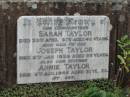 
Sarah TAYLOR
23 Apr 1873
aged 42

Joseph TAYLOR
5 Jan 1939
aged 86

Annie TAYLOR
6 Aug 1945
aged 81

St Matthews (Anglican) Grovely, Brisbane
