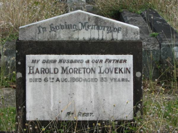 Harold Moreton LOVEKIN  | 6 Aug 1960  | 83 yrs  |   | St Matthew's (Anglican) Grovely, Brisbane  | 