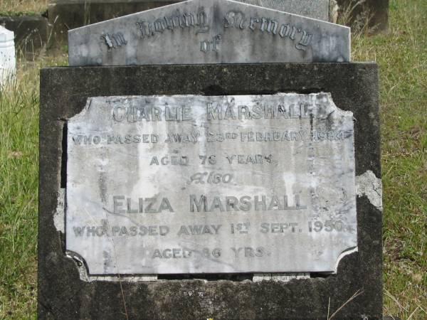 Charlie MARSHALL  | 23 Feb 1984  | aged 76  |   | Eliza MARSHALL  | 1 Sep 1950  | aged 86  |   | St Matthew's (Anglican) Grovely, Brisbane  | 