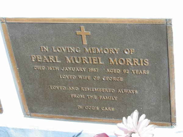 Pearl Muriel MORRIS  | 16 Jan 1987  | aged 92  | (wife of George)  |   | St Matthew's (Anglican) Grovely, Brisbane  | 