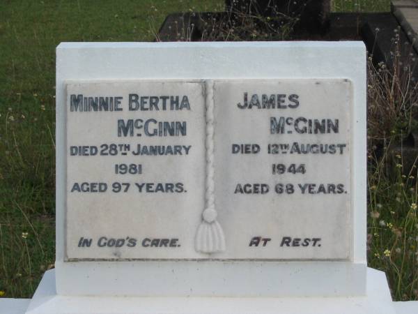 Minnie Bertha McGinn  | 28 Jan 1981  | aged 97  |   | James McGinn  | 12 Aug 1944  | aged 68  |   | St Matthew's (Anglican) Grovely, Brisbane  | 