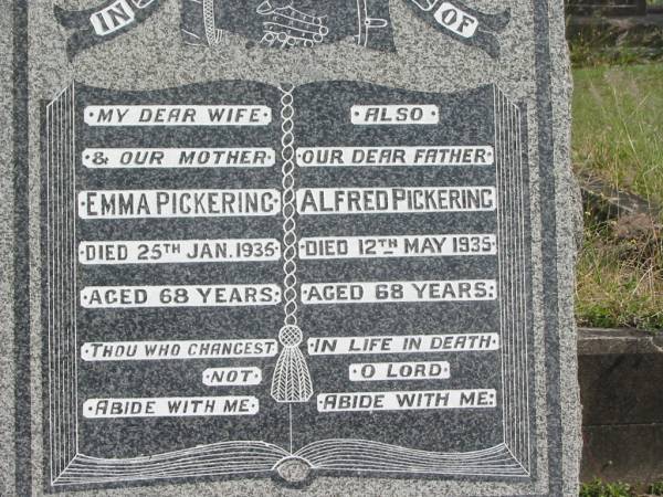 Emma Pickering  | 25 Jan 1935  | 68 yrs  |   | husband  | Alfred Pickering  | 12 May 1935  | 68 yrs  |   | St Matthew's (Anglican) Grovely, Brisbane  | 