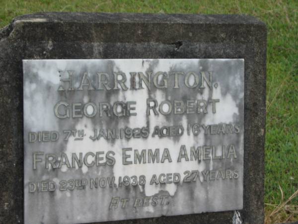 George Robert HARRINGTON  | 7 Jan 1925  | aged 16  |   | Frances Emma Amelia HARRINGTON  | 23 Nov 1938  | aged 27  |   | St Matthew's (Anglican) Grovely, Brisbane  | 