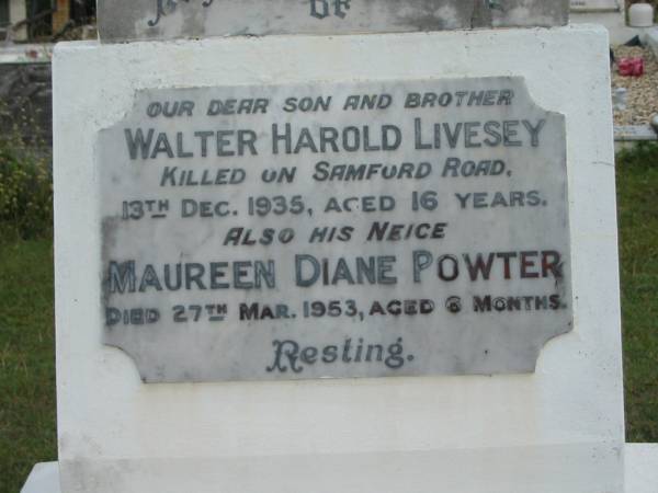 son and brother  | Walter Harold LIVESEY  | 13 Dec 1935  | aged 16 yrs  |   | neice  | Maureen Diane POWTER  | 27 Mar 1953  | aged 6 mths  |   | husband  | Harold LIVESEY  | 2 May 1956  | aged 67  |   | wife/mother  | Rose Emma  | 1 Mar 1986  | aged 87 yrs  |   | St Matthew's (Anglican) Grovely, Brisbane  | 