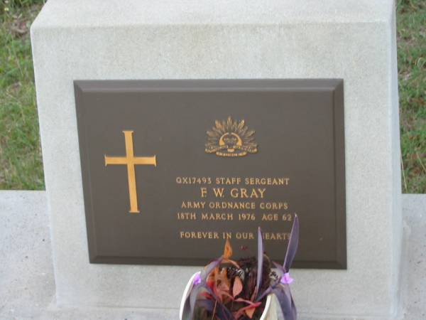 F W GRAY  | 18 Mar 1976  | aged 62  |   | Eliza Florence GRAY (Flo)  | 4-3-1917 to 21-1-2000  | (wife of Fred)  |   | St Matthew's (Anglican) Grovely, Brisbane  | 