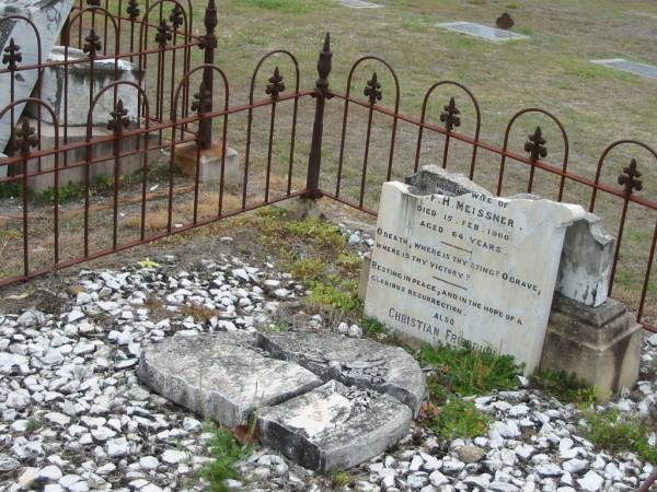 Albertina (beloved wife of) C.F.H. MEISSNER  | d: 15 Feb 1900, aged 64  | also Christian Friedrich Hermann MEISSNER  | (husband of above)  | b: 29 Sep 1835, d: 30 Mar 1905  | Haigslea Lawn Cemetery, Ipswich  | 