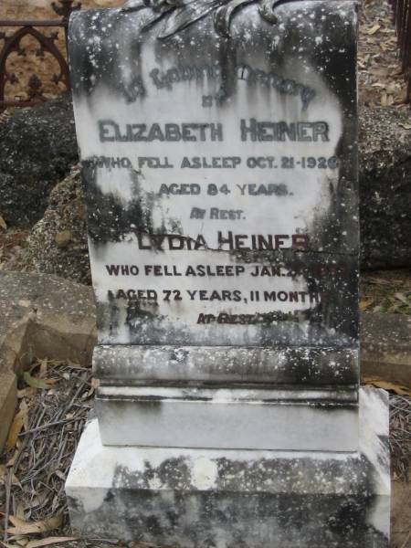Henry HEINER,  | died 27 April 1895 aged 55 years;  | Elizabeth HEINER,  | died 21 Oct 1926 aged 84 years;  | Lydia HEINER,  | died 24 Jan 1957? aged 72 years 11 months;  | Haigslea Lawn Cemetery, Ipswich  | 