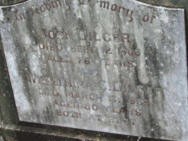 John DILGER  | 12 Sep 1906, aged 76  | Wilhelmina C DILGER  | 15 Mar 1939, aged 80  | Haigslea Lawn Cemetery, Ipswich  | 