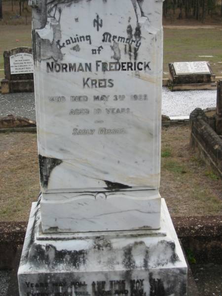 Norman Frederick KREIS  | 3 May 1922, aged 19  | Conrad KREIS  | 27 Jul 1950, aged 89  | Catherine KREIS  | 1 Aug 1959, aged 96  | Haigslea Lawn Cemetery, Ipswich  | 