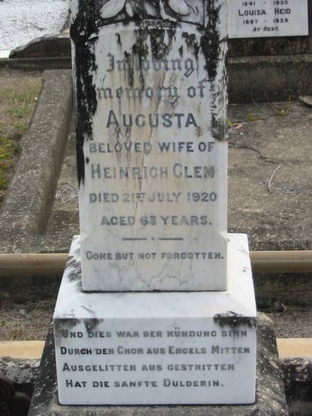 Augusta (wife of) Heinrich CLEM  | 21 Jul 1920, aged 63  | Heinrich CLEM  | 4 Oct 1936, aged 86  | Haigslea Lawn Cemetery, Ipswich  | 