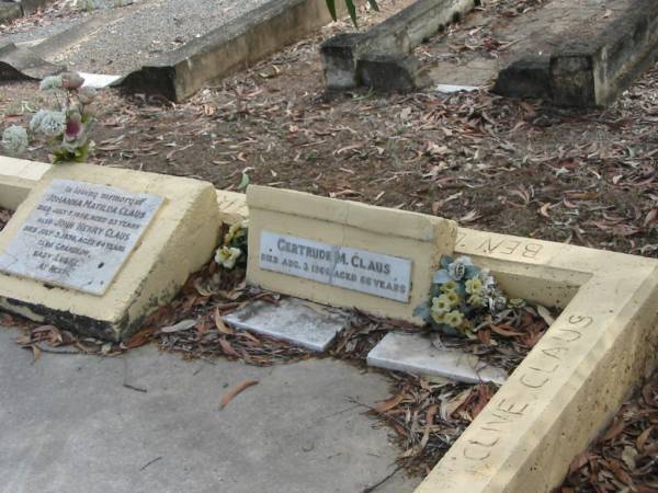 Johanna Matilda CLAUS  | 7 Jul 1928 aged 53  | John Henry CLAUS  | 3 Jul 1936, aged 64  | (grandson) Baby LUSKE  |   | Gertrude M CLAUS  | 3 Aug 1966, aged 66  |   | Haigslea Lawn Cemetery, Ipswich  | 