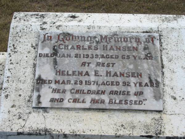 Charles HANSEN  | 21 Jan 1939, aged 65  | Helena E HANSEN  | 29 Mar 1971 aged 92  | Haigslea Lawn Cemetery, Ipswich  | 