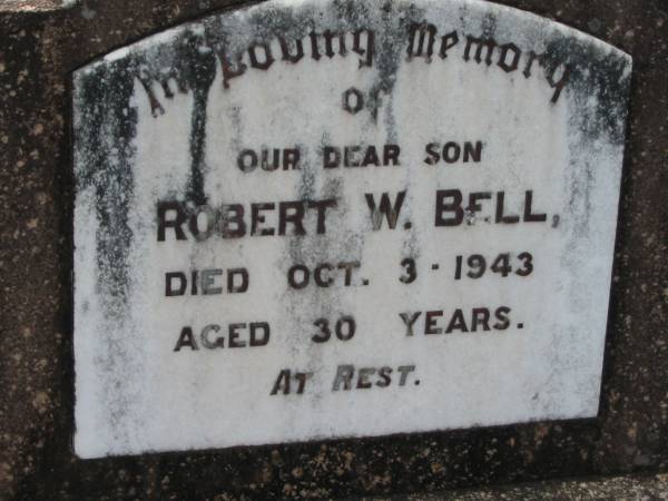 Robert W BELL  | 3 Oct 1943, aged 30  | Haigslea Lawn Cemetery, Ipswich  | 