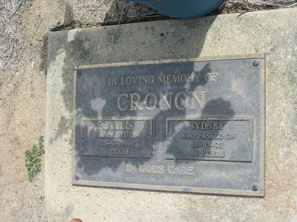 Phyllis CRONON  | 25 Sep 1991, aged 82  | Sydney CRONON  | 18 Oct 1993, aged 86  | Haigslea Lawn Cemetery, Ipswich  | 