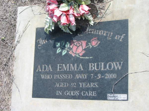 Ada Emma BULOW  | 7 Sep 2000, aged 92  | Haigslea Lawn Cemetery, Ipswich  | 