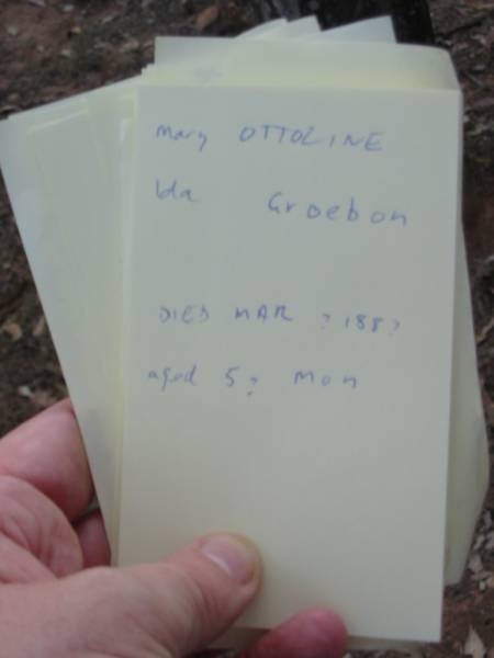 Mary Ottoline Ida Groebon  | died Mar ? 188?  | aged 5? Mon  | Haigslea Lawn Cemetery, Ipswich  | 