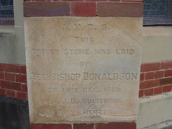 A M D G This corner stone was laid by Archbishop Donaldson on 14th Dec 1919: rev J B Armstrong being rector  | Saint Augustines Anglican Church, Hamilton  |   | 
