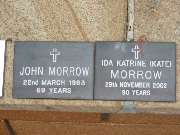 John MORROW  | 22 Mar 1983, aged 69  | Ida Katrine MORROW (Kate)  | 29 Nov 2002, aged 90  | Saint Augustines Anglican Church, Hamilton  |   |