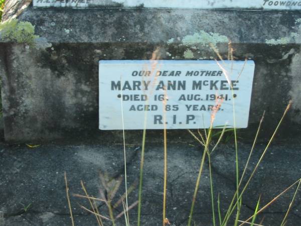 Edward (McKEE)  | husband of Mary Ann McKEE  | d: 28 Sep 1918, aged 70  |   | Mary Ann McKEE  | d: 16 Aug 1941, aged 85  |   | Harlin General Cemetery, Esk Shire  | 