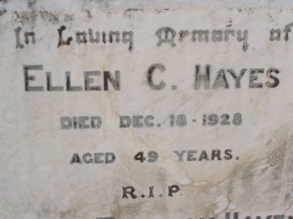 Ellen HAYES  | d 3 Jul 1917, aged 75  | Patrick HAYES  | d: 2 Jan 1933, aged 95  | Ellen C HAYES  | d: 18 Dec 1928, aged 49  | John Patrick HAYES  | d: 29 May 1951, aged 71  | (uncle) Henry Joseph HAYES  | d: 23 Aug 1942, aged 68  | Harrisville Cemetery - Scenic Rim Regional Council  |   | 