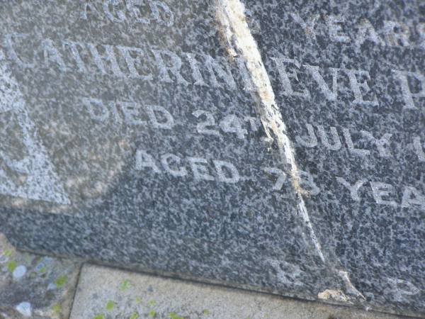 Stephen PLATZ  | d: 22 May 1944 aged 18?  | Catherine Eve PLATZ  | d: 24 Jul 1972, aged 78  | Harrisville Cemetery - Scenic Rim Regional Council  |   | 
