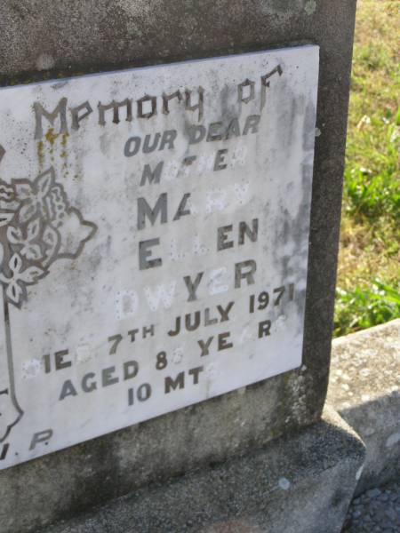 Philip James DWYER  | d: 18 Sep 1949, aged 63  | Mary Ellen DWYER  | d: 7 Jul 1971, aged 88 years 10 mths  | Harrisville Cemetery - Scenic Rim Regional Council  |   | 
