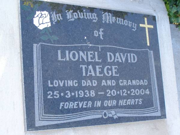 Lionel David TAEGE  | b: 25 Mar 1938, d: 20 Dec 2004  | Harrisville Cemetery - Scenic Rim Regional Council  |   | 