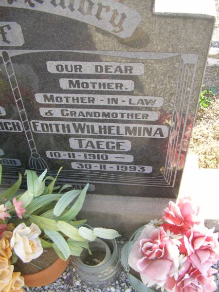 Wilhelm Heinrich TAEGE  | b: 18 Jul 1905, d: 15 Feb 1988  | Edith Wilhelmina TAEGE  | b: 10 Nov 1910, d: 30 Nov 1992  | Harrisville Cemetery - Scenic Rim Regional Council  |   | 