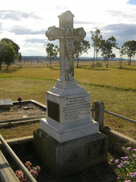 Janet A TITMARSH  | (relict of late I. TITMARSH)  | d: 12 Aug 1905, aged 59  | Hannah (TITMARSH)  | (wife of John TITMARSH)  | d: 13 May 1907, aged 39  | Mildred SMITH (nee TITMARSH)  | d: 30 Mar 1947, aged 49  | Harrisville Cemetery - Scenic Rim Regional Council  |   | 