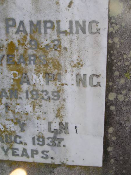 Frances Mary PAMPLING  | d: 17 Feb? 1942 aged 66  | Daniel Robert PAMPLING  | d: 30 Jan 1939 aged 66?  | Frances Mary MUNT  | D: 22 Aug 1937, aged 33  | Harrisville Cemetery - Scenic Rim Regional Council  | 