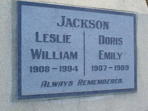 Leslie William JACKSON  | 1908 - 1994  | Doris Emily JACKSON  | 1907 - 1989  | Harrisville Cemetery - Scenic Rim Regional Council  | 
