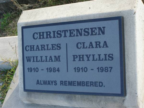 Charles William CHRISTENSEN  | 1910 - 1984  | Clara Phyllis CHRISTENSEN  | 1910 - 1987  | Harrisville Cemetery - Scenic Rim Regional Council  | 