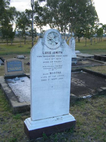 Luke SMITH  | d: 18 Jul 1879, aged 52  | (wife) Martha (SMITH)  | d: 7 Sep 1888 aged 59  | Harrisville Cemetery - Scenic Rim Regional Council  | 