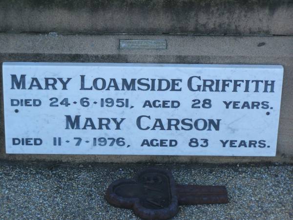 Angus George CARSON  | d: 27 May 1936, aged 3  |   | William Robert CARSON  | d: 2 Oct 1975, aged 82  |   | Mary Loamside GRIFFITH  | d: 24 Jun 1951, aged 28  | Mary CARSON  | d: 11 Jul 1976, aged 83  |   | Harrisville Cemetery - Scenic Rim Regional Council  | 