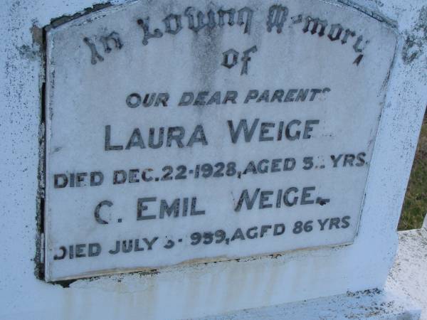 Laura WEIGEL  | d: 22 Dec 1928, aged 52  | G Emil WEIGEL  | d: 3 Jul 1959, aged 86  | Harrisville Cemetery - Scenic Rim Regional Council  | 