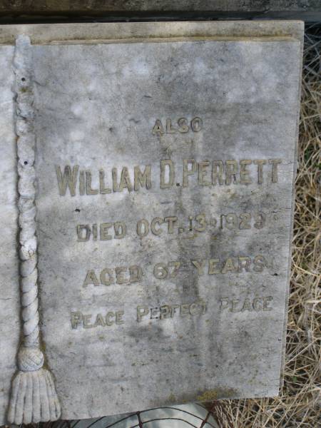 Jessie Ellen (PERRETT)  | (wife of W.D.PERRETT  | d: 12 Aug 1921, aged 54  | William D PERRETT  | d: 13 Oct 1929, aged 67  | Harrisville Cemetery - Scenic Rim Regional Council  | 