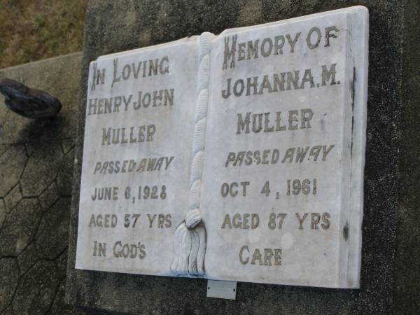 Henry John MULLER  | d: 6 Jun 1928, aged 57  | Johanna M MULLER  | d: 4 Oct 1961, aged 87  | Harrisville Cemetery - Scenic Rim Regional Council  | 