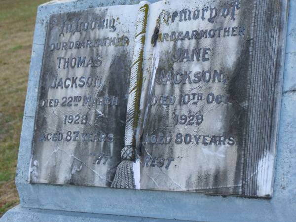 Thomas JACKSON  | d: 22 Mar 1928, aged 87  | Jane JACKSON  | d: 10 Oct 1929, aged 80  | Harrisville Cemetery - Scenic Rim Regional Council  | 