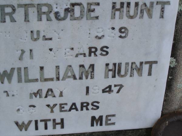 Alice Gertrude HUNT  | d: 11 Jul 1939, aged 71  | Arthur William HUNT  | d: 6 May 1947, aged 86  | Harrisville Cemetery - Scenic Rim Regional Council  | 